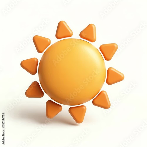 Orange sun 3D icon with triangular rays casting soft shadows on a plain white background, it is seamlessly loopable