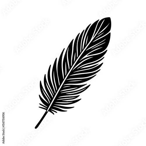 Silhouette of a detailed bird feather against a white background.