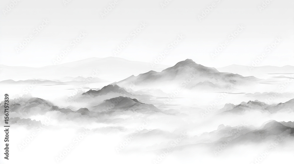 Obraz premium 水墨画風の霧に包まれた山並み背景