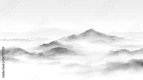 Plakat 水墨画風の霧に包まれた山並み背景