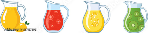 Refreshing fruit juice pitchers in a row, each one filled with a vibrant, tasty beverage