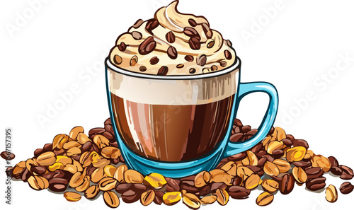 A delightful coffee with whipped cream and beans topping, radiating a warm and inviting ambiance