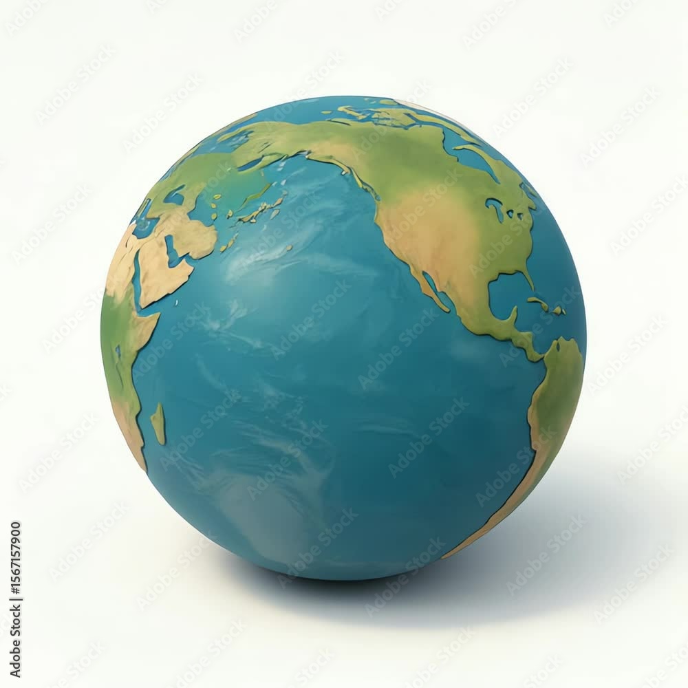 Blue and green earth 3D icon with visible continents casting soft shadows on a plain white background, it is seamlessly loopable