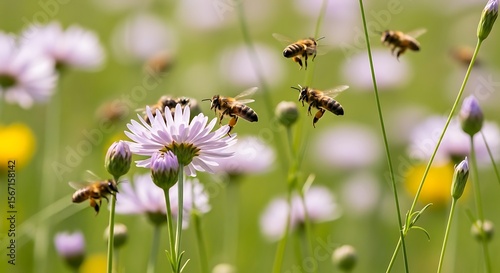Wallpaper Mural Several bees flying around and landing on delicate, light purple wildflowers in a sunny meadow. Torontodigital.ca