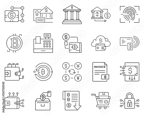 Vector icon set of financial services symbols in black outline style