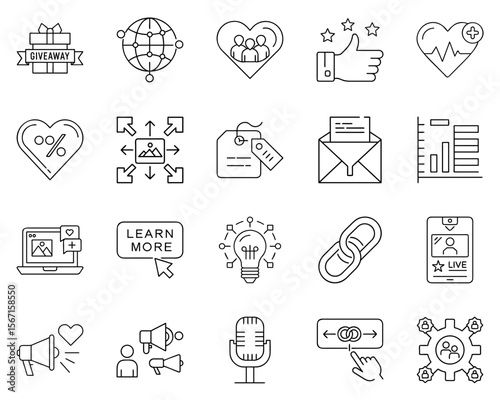 Social Media Marketing Icon Set Featuring Giveaway, Engagement, and Analytics