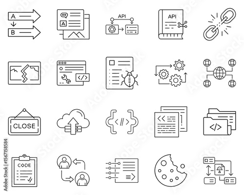 Web Development Icon Set Featuring Coding, APIs, and Cloud Services