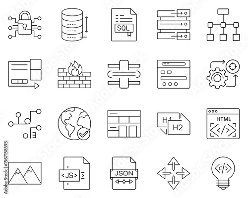 Web Development Icon Set Featuring Coding Symbols and Tools in Black Silhouettes