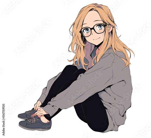 Attractive female character illustration with glasses, ideal for anime-style graphics, or avatar design applications.