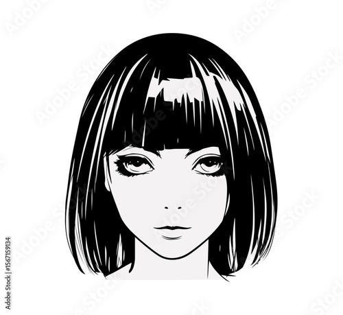 Stylish graphic showcasing a young woman's face with striking eyes and a bob haircut, excellent for design projects and creative endeavors.