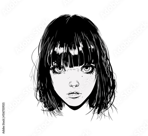 Striking black and white graphic of a young woman's face, showcasing an expressive, stylized portrait design perfect for artistic applications.