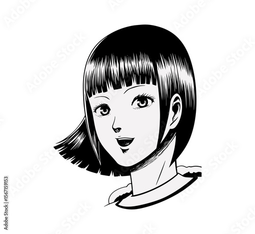 Striking stylized portrait of a young woman with bob haircut, ideal for profile pictures or manga-inspired designs in black and white art.
