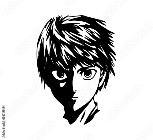 Striking head design of a manga style boy, perfect for unique branding or logo elements, showcasing a youthful, edgy aesthetic.