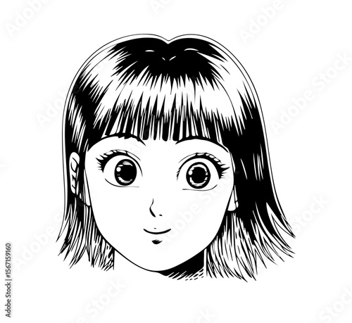 Anime girl face design in black and white, suitable for manga style designs, can be used for iconographies and other graphic design purposes.