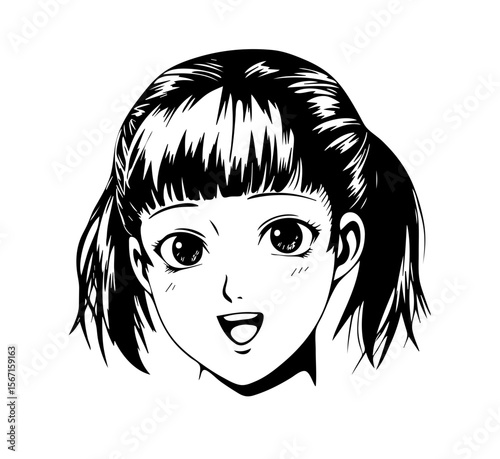 Delightful depiction of a youthful female character, crafted in a manga aesthetic, ideal for graphic design projects, or creative content.