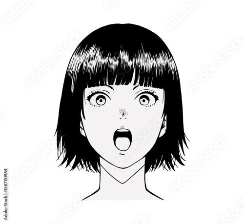 Expressive manga face design featuring a surprised woman with short, dark hair, perfect for graphic novels or webcomics.