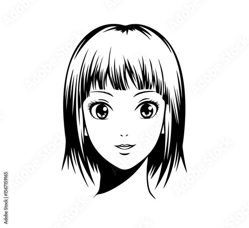 Anime style girl portrait in black and white offers a clean, minimalist design perfect for adaptable icons, logos, or youthful-themed graphic elements.