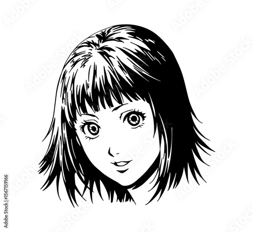A monochrome sketch depicts a stylized young woman with an anime aesthetic, suitable for graphic design projects, branding, or profile creation.