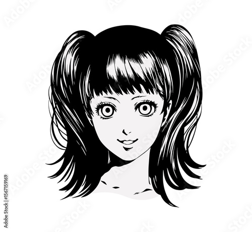 Captivating portrait of an anime style girl with pigtails in black and white, perfect for manga character designs or graphic novel elements.
