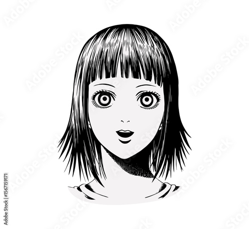 Startling manga-style portrait presents a girl with wide eyes and a monochrome aesthetic, making it suitable for various design applications.