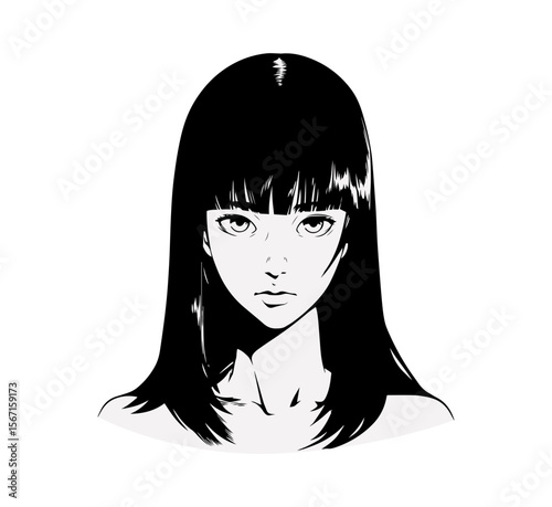 Monochrome depiction of a young woman with bangs and flowing hair, ideal for branding, avatars, or stylistic design elements.