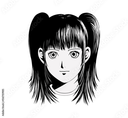 Captivating cartoon girl with stylish pigtails is perfect for manga designs or attractive character graphics.
