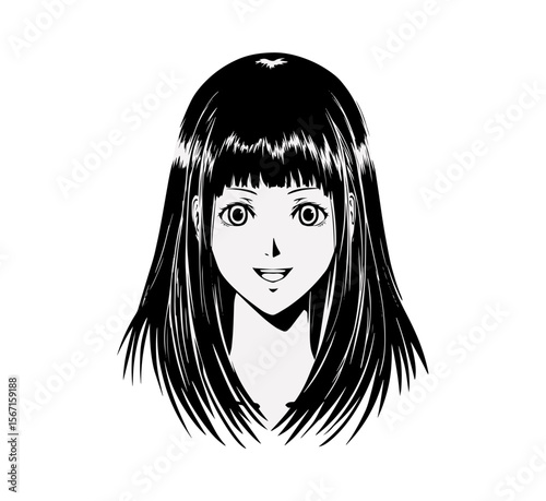 Striking monochrome depiction of a woman's head with long, flowing hair, ideal for manga-style character designs and creative artistic expressions.
