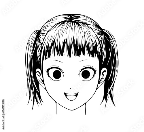 Artistic line art portrays a cheerful young girl with pigtails and detailed facial features, suitable for creative design projects.