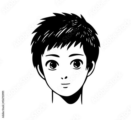 Boy's face in manga style, an expressive black and white drawing ideal for avatar creation and comic art design applications.