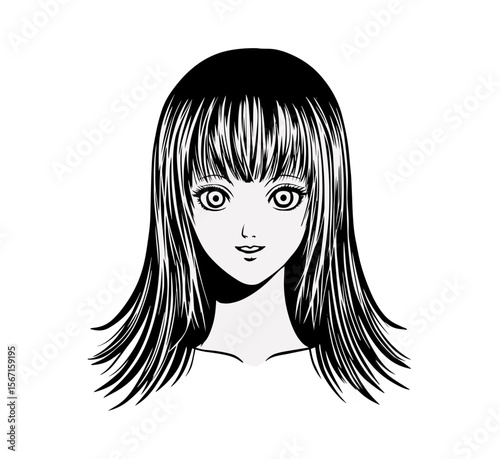 Mysterious manga girl portrait with long dark hair and piercing eyes, ideal for manga-style design projects and dark fantasy themed visuals.