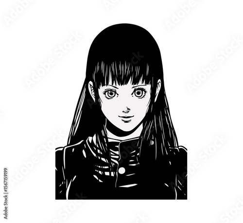 Elegant manga style graphic of a young woman with long hair, perfect for anime themed designs or captivating character artwork.