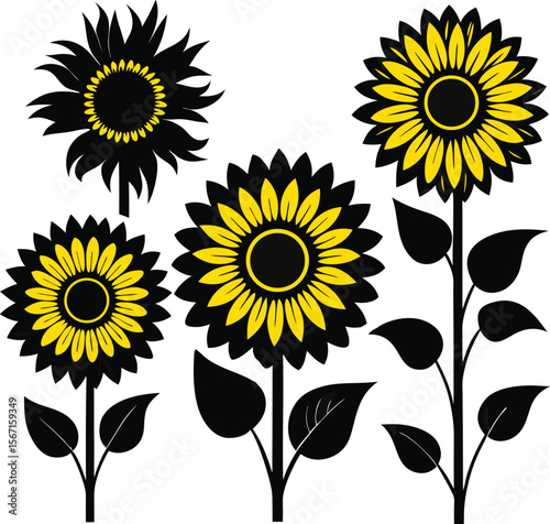 This collection of images depicts illustrations of sunflowers