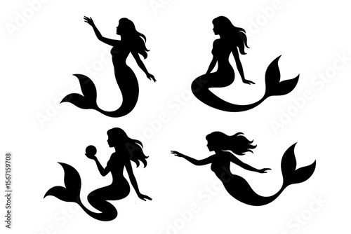 Mermaid Silhouette Vector Set – Fantasy Sea Creature Illustrations on White Background