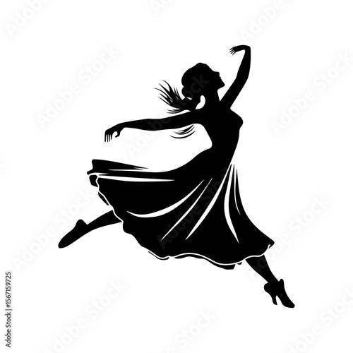 Graceful ballerina silhouette design featuring a dancer in a flowing dress performing an arabesque, perfect for dance studios and artistic projects.