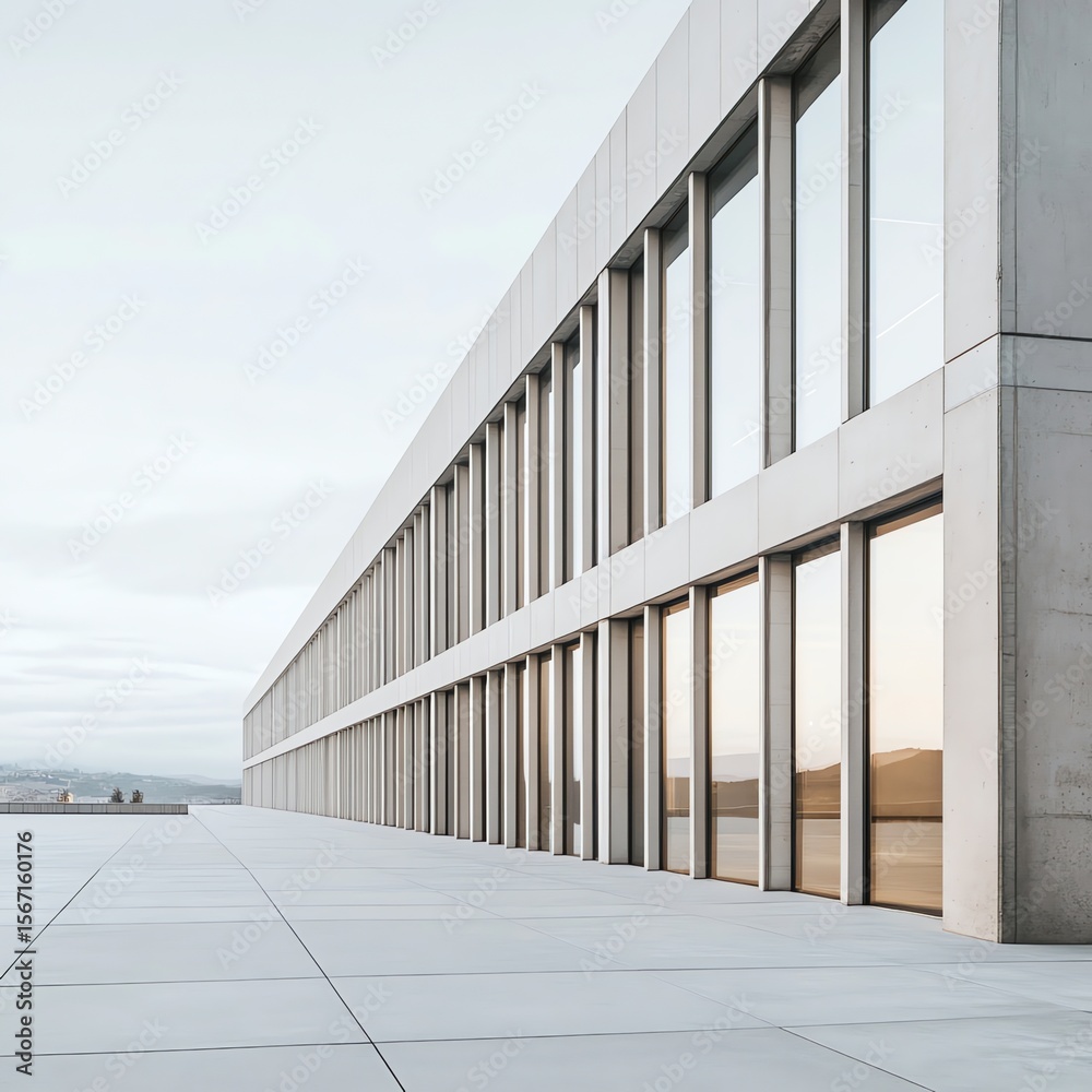 Fototapeta premium Modern architectural building with large windows and concrete exterior