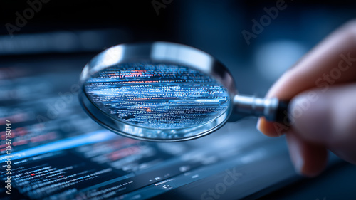 Critical code review concept captured with magnifying glass exposing software lines for cybersecurity auditing.

