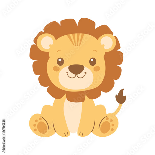 Adorable lion cub graphic with soft colors, perfect for children's books, nursery decor or any design needing a cute jungle animal.