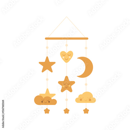 Charming mobile with stars, moon, heart, and clouds for baby room decor, perfect for nurseries or children's design projects.