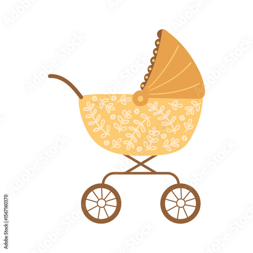 Stylish baby stroller graphic with floral pattern in pastel colors evokes a charming, vintage aesthetic perfect for nursery design or baby shower elements.