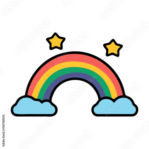 Colorful rainbow arches over soft clouds with cheerful yellow stars for design applications and playful graphic projects.