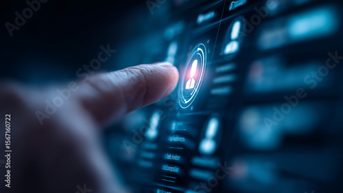 A futuristic talent selection and user engagement interface where a fingertip activates a glowing human avatar icon on a digital network emphasising recruitment personalization