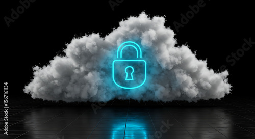 Secure Cloud Storage Concept: An emblematic image of a glowing digital lock superimposed upon a cloud of vapor, symbolizing security and privacy in the digital realm.