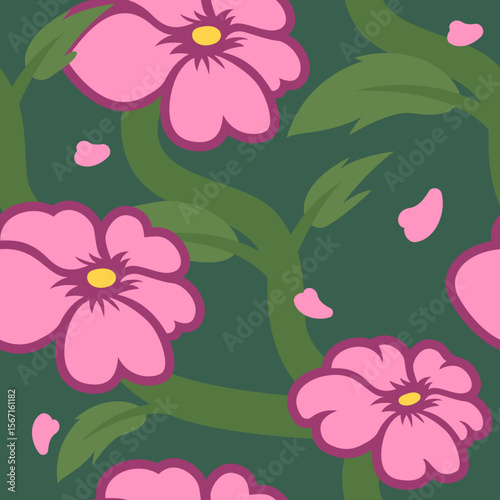 Seamless pattern of stylized pink flowers with winding green vines and scattered petals creates a vibrant floral design.