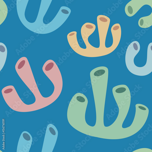 Playful aquatic pattern with colorful abstract sea squirts or tube sponges scattered across a vibrant blue ocean backdrop.