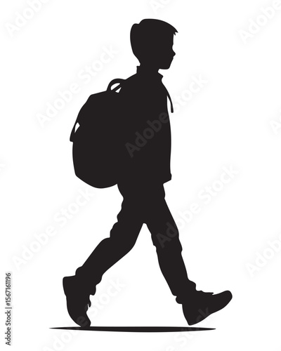 silhouette of a boy walking with a school bag or backpack