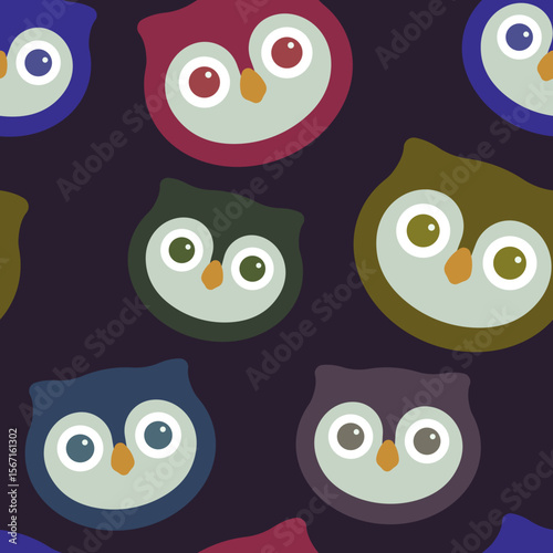 Whimsical owl seamless pattern in muted colors brings playful charm, great for textile designs, backgrounds, and delightful graphic elements.