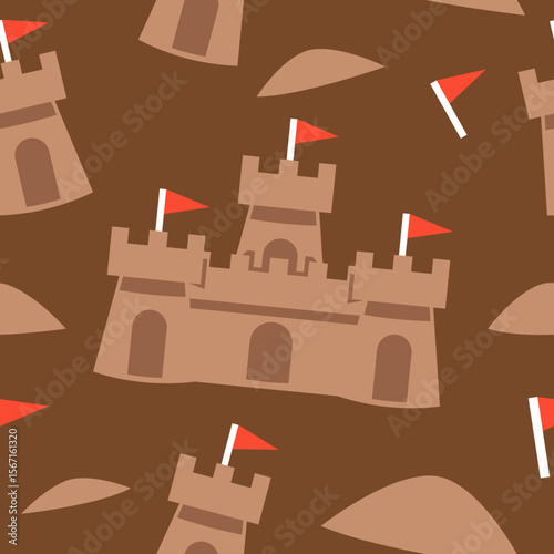 Seamless sandcastle pattern creates a playful backdrop, ideal for summer themes, kids' designs, and beach-related creative projects.