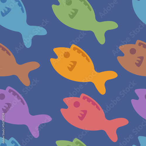 Whimsical pattern featuring colorful fish swimming against a blue backdrop, perfect for children's designs or nautical themes.