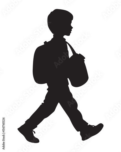 silhouette of a boy walking with a school bag or backpack