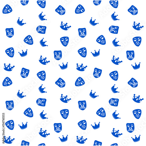 A decorative background pattern with theatrical drama masks and king crowns in regal blue, perfect for design and creative projects.